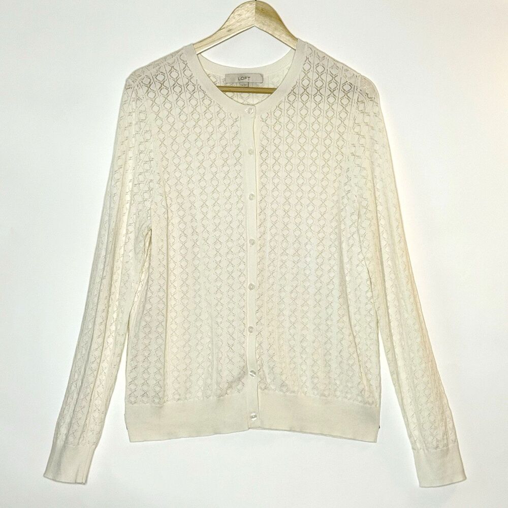 LOFT Button Cardigan Sweater Womens XL White Diamond Pointelle Coquette Layering